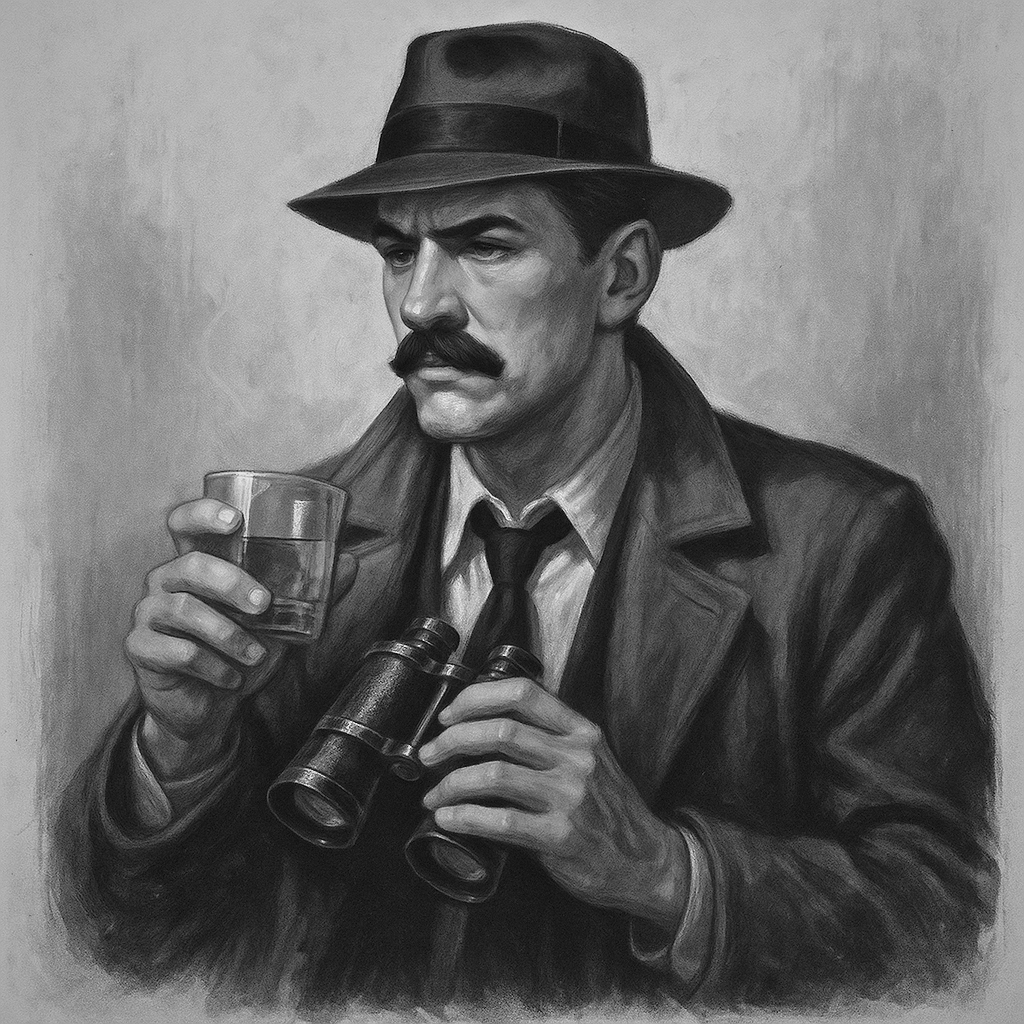 Black-and-white portrait of a stern man with a thick mustache, wearing a fedora and trench coat, holding a glass of liquor in one hand and binoculars in the other — evoking a classic noir detective vibe with a touch of pulp fiction grit. Get your free book.