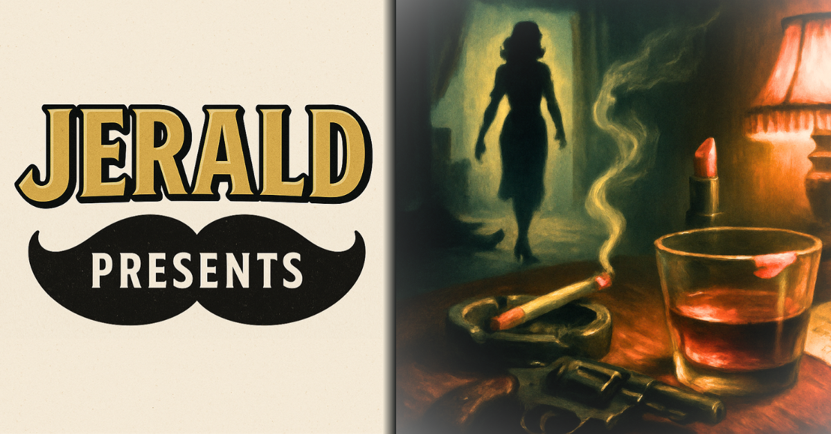Stylized noir artwork featuring a silhouette of a woman in a doorway, a smoking cigarette in an ashtray, a revolver, a lipstick-stained whiskey glass, and a bold 'Jerald Presents' logo with a mustache graphic — evoking vintage pulp mystery and crime fiction. Get your free book.